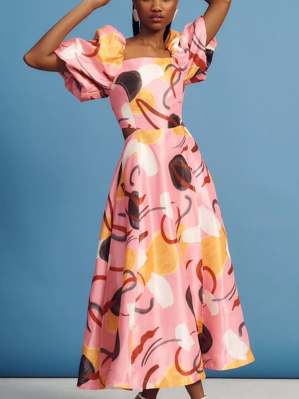 Anthropologie Pink Abstract Puff-Sleeve Midi Dress with Yellow Accents